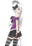  1girl :d arms_behind_back bare_shoulders camera hair_ribbon long_hair looking_at_viewer open_mouth original ribbon rizky_(strated) side_ponytail silver_hair smile striped striped_legwear thigh-highs violet_eyes 