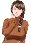  1girl braid breasts brown_eyes brown_hair bust ganto grin long_hair looking_at_viewer original side_braid signature simple_background single_braid sleeves_past_wrists smile solo sweater white_background 
