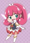  1girl bakusai blue_eyes blush boots chibi cure_mirage elbow_gloves gloves happinesscharge_precure! knee_boots magical_girl pink_hair polka_dot polka_dot_background precure purple_background queen_mirage short_hair skirt smile solo spoilers white_gloves 