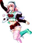  1girl blush boots breasts headphones highres large_breasts long_hair looking_at_viewer midriff navel nitroplus open_mouth pink_hair pink_legwear pom_pom_(clothes) red_eyes solo super_sonico thighhighs union_jack 