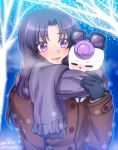  0417nao 1girl black_gloves blush coat glasses_on_head gloves gurasan_(happinesscharge_precure!) happinesscharge_precure! hikawa_iona long_hair precure purple_hair scarf shared_scarf smile snow solo violet_eyes 