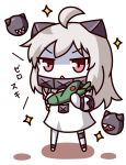  1girl airplane chibi dress full_body holding horns kantai_collection kukku mittens northern_ocean_hime red_eyes shinkaisei-kan silver_hair solo sparkle standing tagme translation_request white_dress white_skin 