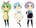  3girls :&gt; bare_shoulders blue_hair caterpie commentary dress glasses green_hair hand_on_hip illumise lowres multiple_girls parted_lips personification pokemon purple_hair rina_(rinatan) short_hair simple_background smile standing swanna thigh-highs tiara watermark web_address white_background 