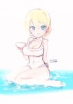  1girl absurdres artist_name bare_legs blonde_hair blue_eyes braid breasts covered_navel cup darjeeling dated girls_und_panzer highres looking_at_viewer one-piece_swimsuit rondo_bell short_hair sitting smile solo swimsuit teacup wariza water white_swimsuit 