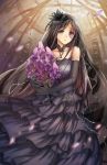  1girl bare_shoulders black_dress black_gloves black_hair bouquet chain choker dress elbow_gloves flower gloves highres light_smile long_hair looking_at_viewer original scar solo suidengetsu veil violet_eyes 