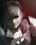 1girl absurdres aconitea breasts bust facial_tattoo goggles goggles_on_head grainy hair_over_one_eye highres jewelry league_of_legends monochrome necklace nose_piercing piercing portrait smile solo tattoo vi_(league_of_legends) 