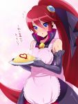  1girl apron black_gloves blue_eyes cure_unlovely elbow_gloves food genderswap gloves hair_ornament hair_ribbon happinesscharge_precure! hiuna_hayami long_hair looking_at_viewer magical_girl omurice phantom_(happinesscharge_precure!) ponytail precure red_skirt redhead ribbon skirt solo sweatdrop translation_request tray very_long_hair 