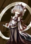  1girl animal_ears detached_sleeves grey_eyes hat highres holding inubashiri_momiji looking_at_viewer pom_pom_(clothes) silver_hair solo sword tagme tokin_hat touhou umagenzin weapon wolf_ears 