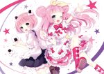  2girls :d ;d copyright_request double_bun food food_as_clothes food_themed_clothes frills green_eyes hair_bun hair_ornament long_hair looking_at_viewer multiple_girls one_eye_closed onigiri open_mouth pink_hair short_hair smile tagme wasabi_(sekai) wrist_cuffs 