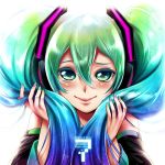  1girl 2014 blush character_name dated detached_sleeves face green_eyes green_hair hatsune_miku headphones kitano_tomotoshi long_hair smile solo twintails vocaloid 