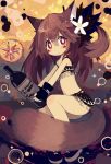 1girl animal_ears bottle brown_hair cat_ears cat_tail fingerless_gloves gloves hair_ornament holding long_hair looking_at_viewer navel original paprika_shikiso red_eyes smile solo tagme tail 