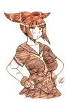  1girl bandaid bangs between_breasts blunt_bangs breasts bruise cowboy_shot daniel_j._luis fingerless_gloves gloves han_juri hands_on_hips injury large_breasts monochrome necktie necktie_between_breasts school_uniform serafuku short_twintails sketch skirt solo spiky_hair street_fighter street_fighter_iv super_street_fighter_iv twintails 