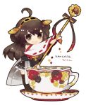  1girl bow brown_eyes brown_hair cup detached_sleeves double_bun hairband headgear kantai_collection kongou_(kantai_collection) long_hair minigirl nontraditional_miko ribbon-trimmed_sleeves ribbon_trim saucer smile spoon sumisu_(rinsumi) teacup thigh-highs 