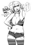  1girl bikini_top breasts comic_hotmilk cowboy_shot cutoffs denim denim_shorts ganto hand_on_hip large_breasts looking_at_viewer monochrome navel shorts side_ponytail simple_background solo standing striped striped_legwear thighhighs translation_request unbuttoned v white_background wink 