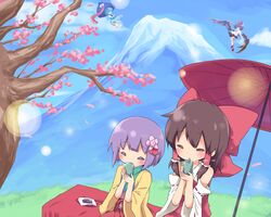  4girls ayakashi_(monkeypanch) black_eyes black_hair blue_hair bow cherry_blossoms closed_eyes cup detached_sleeves floating flying food hair_bow hair_ornament hair_ribbon hair_tubes hakurei_reimu hat heterochromia hieda_no_akyuu holding japanese_clothes karakasa_obake kimono mochi multiple_girls oriental_umbrella purple_hair ribbon shameimaru_aya short_hair sitting tatara_kogasa teacup tokin_hat touhou umbrella wagashi 