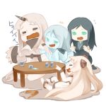  4girls airfield_hime aqua_eyes black_hair breast_grab chibi closed_eyes horns kantai_collection laughing long_hair multiple_girls open_mouth ru-class_battleship seaport_hime shinkaisei-kan shunrai sitting smile ta-class_battleship table tagme translation_request white_hair 