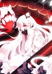  1girl breasts dress glowing glowing_eyes highres horns kantai_collection large_breasts long_hair looking_at_viewer midway_hime pale_skin red_eyes shinkaisei-kan tears torn_clothes veins very_long_hair white_dress white_hair yuzuki_gao 