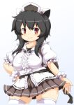  &gt;:) 1girl animal_ears black_hair blouse breasts cat_ears collarbone collared_shirt curvy frilled_shirt_collar hair_bobbles hair_ornament hand_on_hip headpiece highres huyusilver large_breasts miniskirt mrs._estacion mrs._estacion_(game) pleated_skirt red_eyes sash skirt smile solo thigh-highs undershirt white_legwear wide_hips wrist_cuffs 
