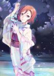  119 1girl arm_up fish goldfish highres japanese_clothes kimono looking_at_viewer love_live!_school_idol_project night nishikino_maki parted_lips redhead short_hair solo standing violet_eyes 