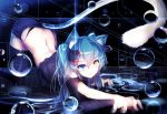  1girl :3 animal_ears aqua_hair ass back bai_yemeng blue_eyes bubble cat_ears cat_tail floating hatsune_miku heterochromia highres kneeling long_hair looking_at_viewer on_floor revision ribbon slit_pupils solo tail thigh-highs twintails vocaloid yellow_eyes zettai_ryouiki 