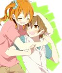  1boy 1girl amamiya_hibiya blonde_hair blush brown_hair hug hug_from_behind kagerou_project kisaragi_momo long_hair me_81 short_hair side_ponytail smile 