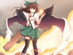  1girl arm_cannon bird_wings black_legwear black_wings brown_eyes brown_hair cape cross_(crossryou) energy_ball long_sleeves puffy_short_sleeves puffy_sleeves reiuji_utsuho shirt short_sleeves skirt solo space thigh-highs third_eye touhou weapon wings zettai_ryouiki 