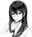  1girl black_hair character_request copyright_request finger_sucking glasses greyscale lips long_hair looking_at_viewer monochrome portrait saliva sasamori_tomoe simple_background solo white_background 