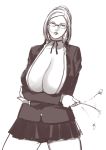  1girl breast_hold breasts cleavage crossed_arms ganto glasses hair_bun large_breasts looking_at_viewer monochrome original riding_crop sketch skirt solo standing white_background 
