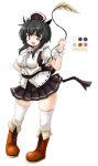 &gt;:d 1girl :d animal_ears black_hair blouse blush boots breasts brown_boots cat_ears collared_shirt frilled_shirt_collar hand_on_hip headpiece huyusilver laced_shoes leaf miniskirt mrs._estacion mrs._estacion_(game) oota_jun&#039;ya_(style) open_mouth parody pigeon-toed pleated_skirt red_eyes skirt smile solo style_parody thigh-highs vest white_legwear wrist_cuffs 