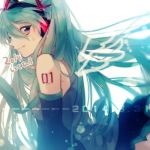  1girl black_eyes dated detached_sleeves green_hair hatsune_miku ikuhiro_(19nnnkti16) long_hair necktie smile solo twintails vocaloid 