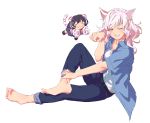  &gt;_&lt; 2girls :3 animal_ears bakemonogatari barefoot belt black_hair black_hanekawa breasts cat_ears chibi cleavage closed_eyes denim dual_persona fangs full_body hanekawa_tsubasa highres jacket jeans kotobukidaifuku long_hair looking_at_viewer monogatari_(series) multicolored_hair multiple_girls one_eye_closed pants paw_pose paws school_uniform short_hair short_sleeves simple_background sitting skirt smile tail tiger_ears tiger_tail two-tone_hair wavy_hair white_background white_hair yellow_eyes 