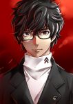  1boy amamiya_ren atlus black_eyes black_hair glasses kurusu_akira male megami_tensei persona persona_5 protagonist_(persona_5) red_background school_uniform short_hair simple_background solo yasshan 