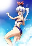  1girl alternate_hairstyle ass blush brown_eyes competition_swimsuit hat kamishirasawa_keine kousei_(public_planet) one-piece_swimsuit open_mouth ponytail silver_hair solo swimsuit touhou wavy_mouth 