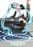  1girl aqua_eyes aqua_hair boots btoor detached_sleeves hand_on_headphones hatsune_miku headphones headset high_heels highres long_hair minigirl necktie open_mouth panties pantyshot skirt solo thigh-highs thigh_boots twintails underwear very_long_hair vocaloid 