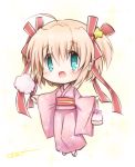 1girl artist_signature bag blonde_hair chibi cotton_candy green_eyes japanese_clothes kamikita_komari kimono little_busters!! miyoshi_yun ribbon satchel short_hair solo twintails yukata