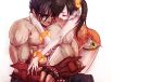  1boy 1girl black_hair bracelet chinese_clothes closed_eyes couple gloves hetero hug hug_from_behind inuhiko_(istdog) jewelry kazama_jin ling_xiaoyu muscle namco shirtless short_hair shorts side_ponytail sitting smile tekken tekken_tag_tournament_2 white_background yellow_eyes 