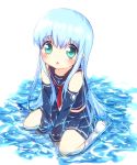  1girl aoki_hagane_no_arpeggio aqua_eyes arpeggio_of_blue_steel ayakashi_(monkeypanch) blue_hair detached_sleeves highres in_water iona long_hair looking_at_viewer open_mouth pleated_skirt school_uniform serafuku sitting skirt solo tagme wet wet_clothes 