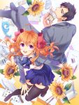  1boy 1girl :d black_hair blazer blue_eyes bow eraser flower gekkan_shoujo_nozaki-kun hair_bow highres manga_(object) nozaki_umetarou open_mouth orange_hair paintbrush pen polka_dot_bow sakura_chiyo school_uniform smile sunflower thigh-highs violet_eyes zenyu zettai_ryouiki 