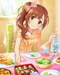  1girl artist_request blush bow chair drinking_glass food food_themed_clothes hair_bow idolmaster idolmaster_cinderella_girls igarashi_kyouko jewelry necklace official_art omurice pitcher side_ponytail sitting smile solo spoon table window 