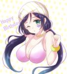  1girl ;o aqua_eyes bandana bikini bracelet breasts bust cleavage facial_tattoo happy_birthday harimoji heart_tattoo jewelry long_hair love_live!_school_idol_project necklace one_eye_closed pink_bikini polka_dot polka_dot_background purple_hair solo swimsuit tattoo toujou_nozomi twintails 