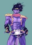  1boy black_hair fingerless_gloves gloves jojo_no_kimyou_na_bouken loincloth loincloth_lift parody pauldrons purple_skin pydiyudie solo stand_(jojo) star_platinum 