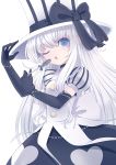  1girl black_gloves blue_eyes candy choker dungeon_and_fighter elbow_gloves gloves hat holding ling_(sroin) lollipop long_hair looking_at_viewer one_eye_closed open_mouth solo striped tagme white_hair 