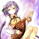  1girl biwa_lute chain dress flower frilled_dress frills hair_flower hair_ornament instrument kozuki_kai long_hair lute_(instrument) musical_note playing_instrument purple_hair shirt touhou tsukumo_benben violet_eyes 