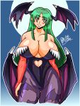  1girl bare_shoulders blush breasts bridal_gauntlets cleavage contrapposto cropped_legs daniel_j._luis demon_girl demon_wings green_eyes green_hair head_tilt head_wings heart_cutout huge_breasts long_hair low_wings morrigan_aensland pantyhose payot print_legwear purple_legwear smile solo succubus vampire_(game) wings 