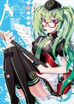  1girl bespectacled boots electric_guitar glasses green_eyes green_hair guitar hair_ornament hairclip hat hatsune_miku headset high_heels highres instrument long_hair monami necktie sitting skirt smile solo thigh-highs thigh_boots twintails very_long_hair vocaloid wings 
