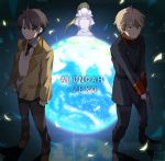  1girl 2boys absurdres aldnoah.zero asseylum_vers_allusia back blazer blonde_hair blue_eyes brown_eyes brown_hair dress earth gun handgun highres kaizuka_inaho meer_rowe multiple_boys school_uniform slaine_troyard sweater uniform weapon 