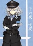  1girl alternate_costume belt blouse blue_clothes blue_eyes braid gloves hair_ribbon hat izayoi_sakuya jacket knives_between_fingers looking_at_viewer military military_hat military_uniform north ribbon short_hair silver_hair smile solo star touhou tress_ribbon twin_braids uniform white_gloves 