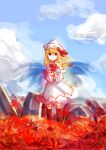  1girl blonde_hair blue_eyes boots dress flower hat highres kanno_fumiroku lily_white sketch spider_lily touhou wings 