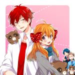  2boys 2girls :d ahoge black_hair blazer bow brown_hair earrings gekkan_shoujo_nozaki-kun hair_bow hori_masayuki jewelry kashima_yuu lowres mikoshiba_mikoto multiple_boys multiple_girls necktie open_mouth orange_hair polka_dot_bow red_eyes redhead sakura_chiyo school_uniform smile tanuki violet_eyes yuna_(pi988y) 