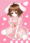  1girl animal_ears brown_eyes brown_hair carrot_necklace dress frilled_dress frills heart heart_background inaba_tewi puffy_short_sleeves puffy_sleeves rabbit_ears short_hair short_sleeves sitting touhou wariza 